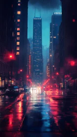 Neon city street in rain with glowing skyscraper skyline.