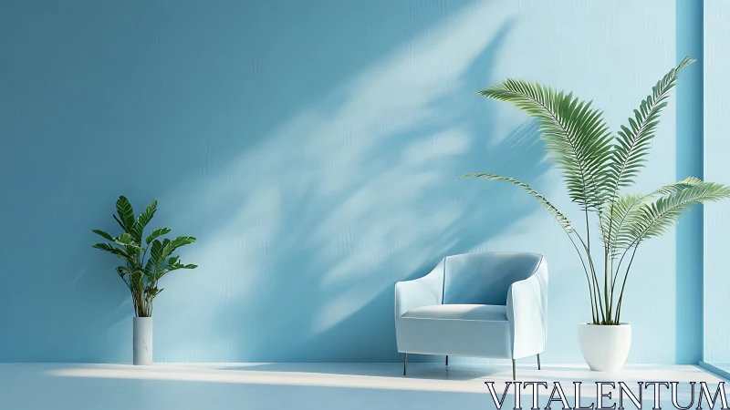 Sunlit minimalist lounge with blue armchair and potted palms