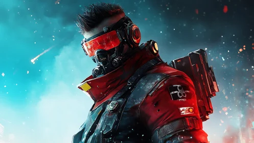 Cybernetic soldier in red armor within neon smoke field.