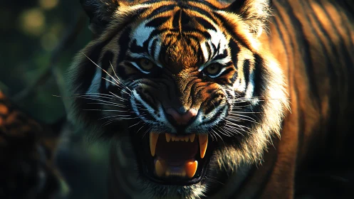 Snarling tiger portrait in dramatic forest light.