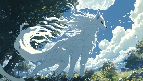 Mythic white fox spirit stands beneath towering summer clouds