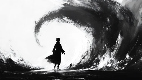 Monochrome vortex convergence with silhouetted wanderer figure.