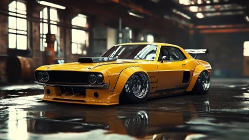 Widebody yellow muscle car gleams in gritty warehouse scene.
