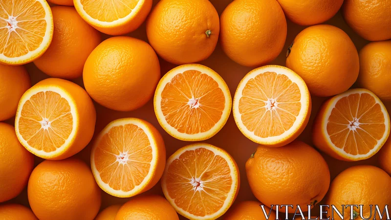 Juicy orange halves and whole fruit form vibrant pattern.