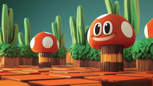 Smiling cartoon mushrooms in stylized low-poly forest environment.