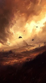Helicopters cross burning battlefield under violent storm sky