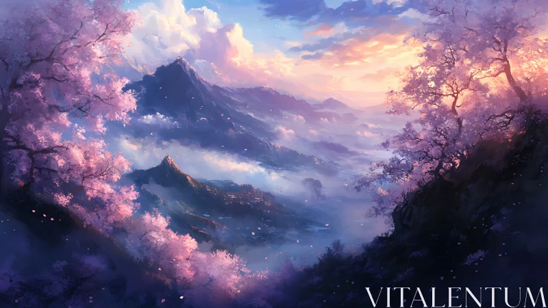 Blossom-lit mountains wrapped in dreamy sunrise mist.