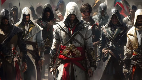 Hooded warriors advance in unified formation under harsh light