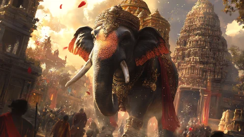 Regal temple elephant in cinematic festival procession scene.