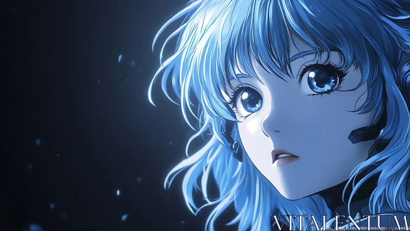 Starlit cyber girl in blue tones with luminous gaze.