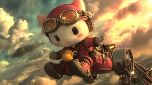 Skybound kitty pilot drifts through molten sunset clouds