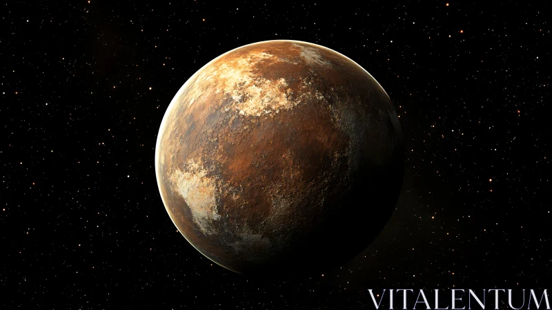 Rocky brown exoplanet with textured surface in space.