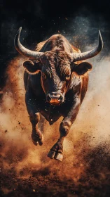Photorealistic charging bull in dynamic frontal composition.