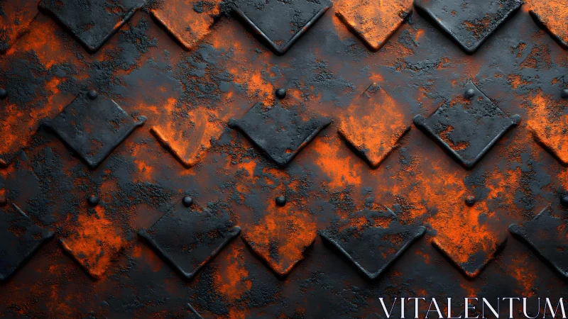 Industrial black metal with orange rust texture, geometric pattern.