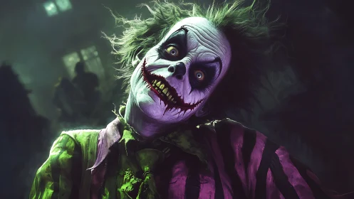 Grotesque undead clown portrait in eerie green haze.
