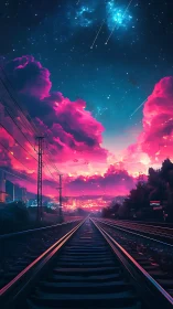 Railway vanishing-point under chromatic nebular dusk sky.