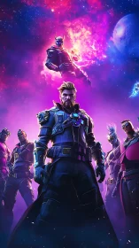 Fortnite-style sci fi squad posed under vivid cosmic sky.
