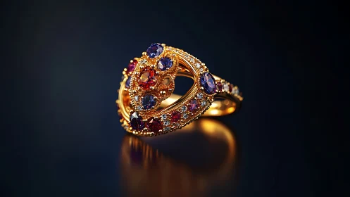 Opulent gemstone ring in dramatic low key lighting on black.