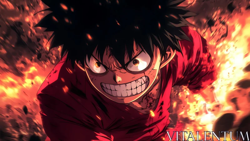 Determined anime fighter sprints through erupting flames