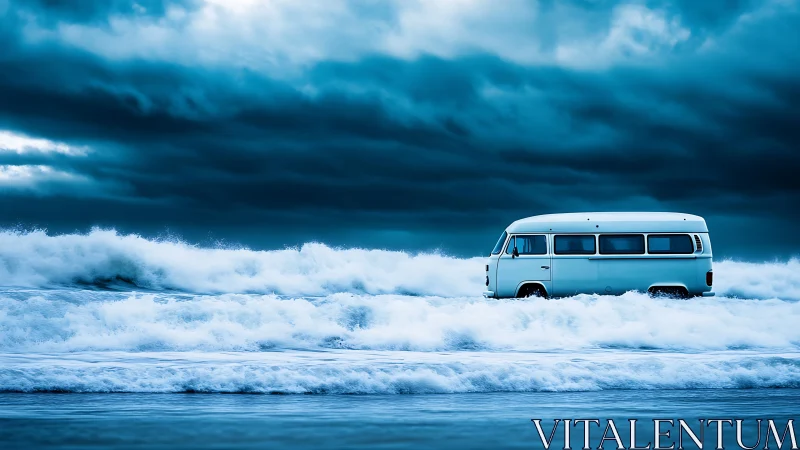 Surfside camper van riding the waves under stormy skies.