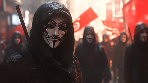 Hooded protestor in Guy Fawkes mask dominates fiery street march