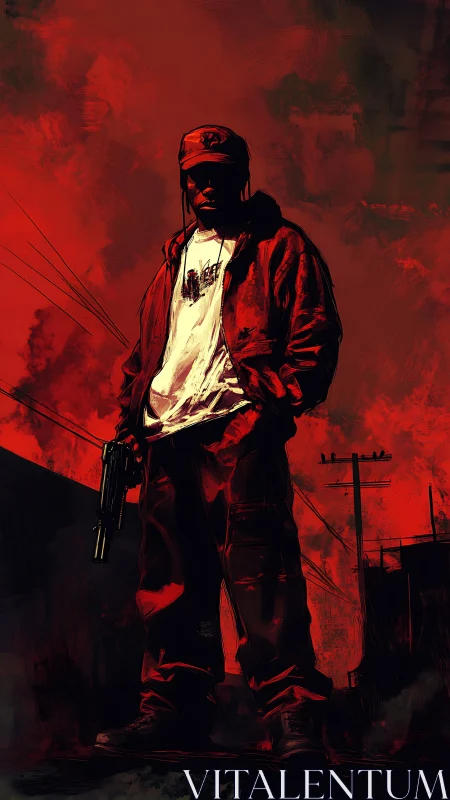 Low angle urban gunman rendered in high contrast red chiaroscuro