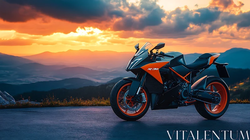 Sunset ride waiting: sleek orange sport bike in the hills.
