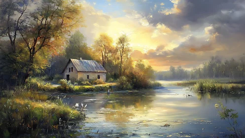 Sunlit riverside cottage resting in soft golden stillness.