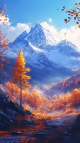 Snow-covered mountain rises above autumn valley landscape