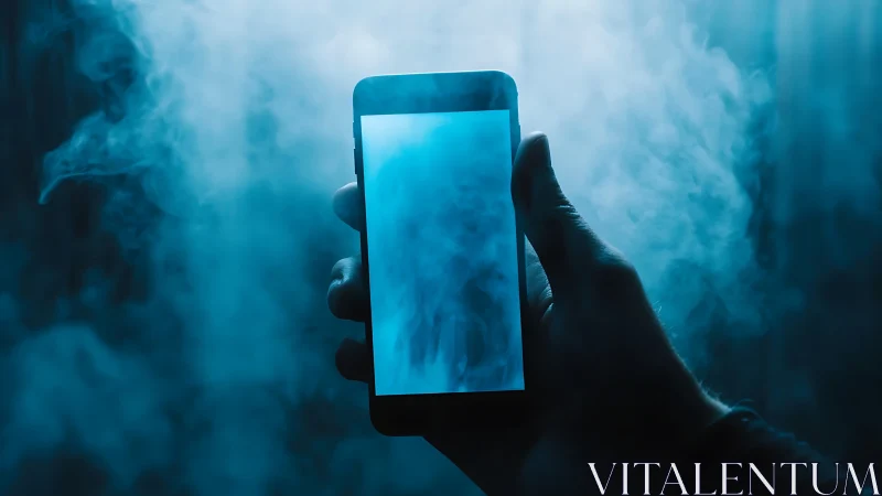 Mystic blue smartphone glowing through drifting digital fog.