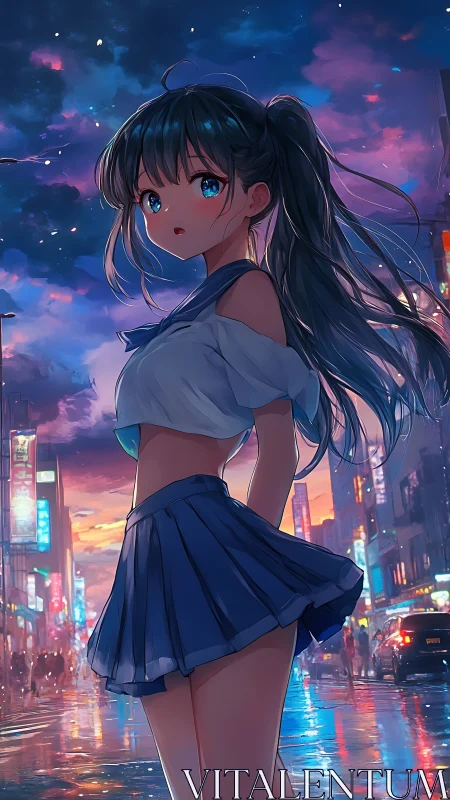 Anime cityscape study with dynamic lighting and wet-street reflections