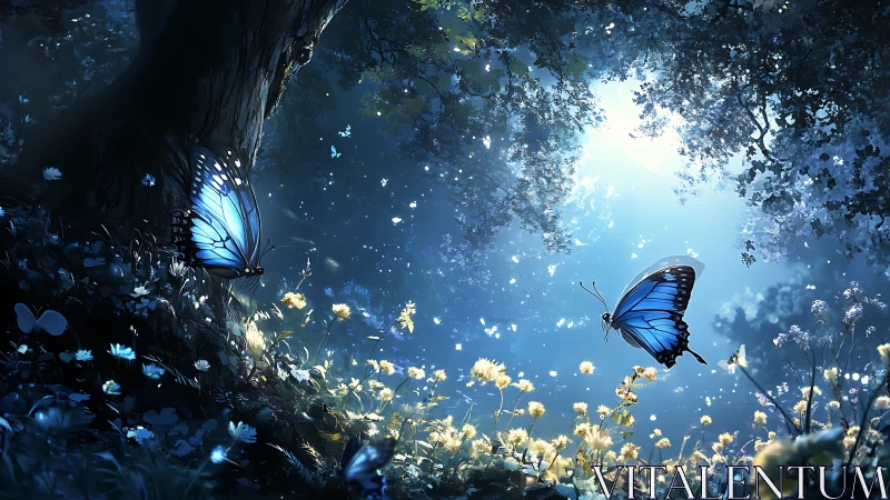 Moonlit blue butterflies dancing through a quiet forest.