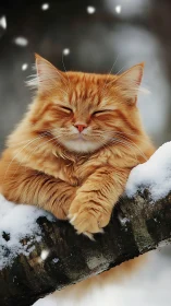 Cozy Ginger Cat Enjoying a Snowy Winter Perch.