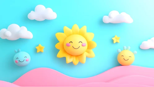 Cute Cartoon Sun and Clouds in Playful Pastel 3D Illustration.