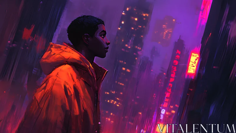 Solitary figure in neon cityscape wearing orange coat.
