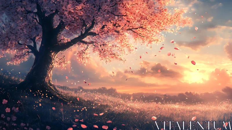 Gentle sunset beneath a dreamlike cherry blossom tree.