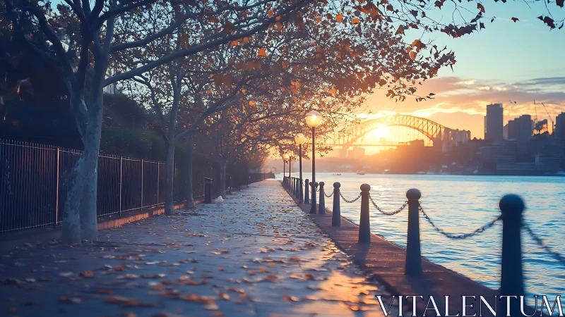 Waterfront path at sunrise with bridge and city skyline.