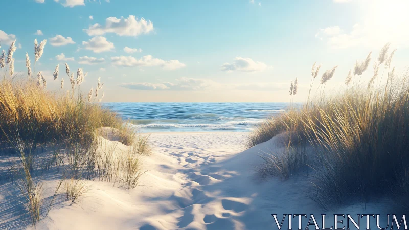 Photorealistic dune path to serene ocean horizon at sunrise.