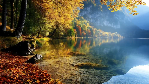 Calm mountain lake edge with bright autumn forest reflections.