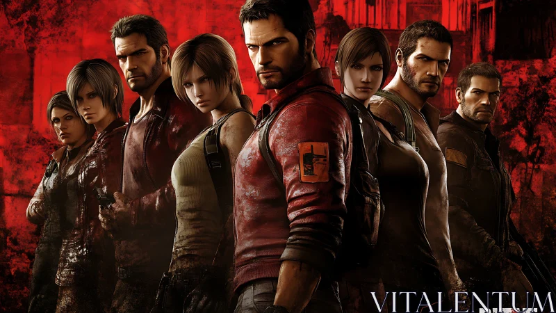 Tough video game squad stands ready in red backdrop.