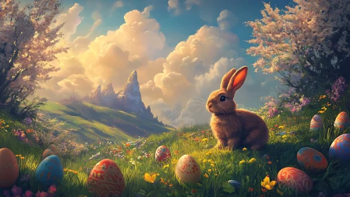 Spring meadow rabbit rests among painted Easter eggs.