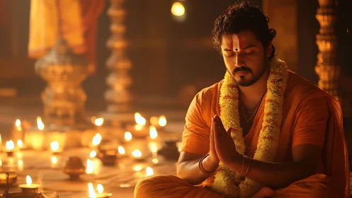 Incense-lit temple meditation with focused devotional posture.