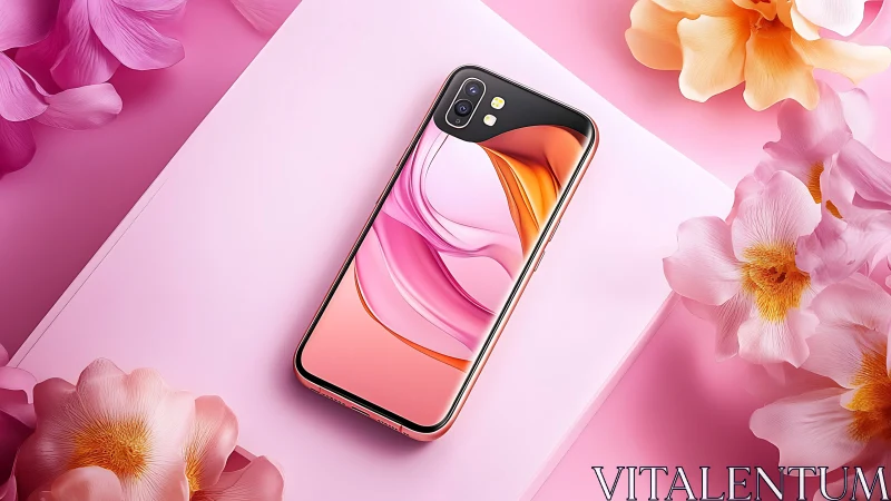 Modern Smartphone Surrounded by Delicate Pink Blooms