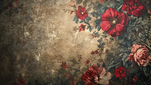 Aged floral mural displays red blossoms on distressed canvas