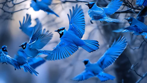 Flock of Vibrant Blue Jays in Flight, Nature Photography Style.