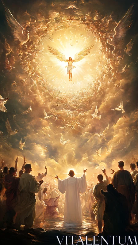 Heavenly spiral of light as angels descend in radiant glory.