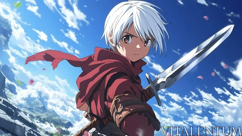 Young anime swordsman in red cloak under bright sky.