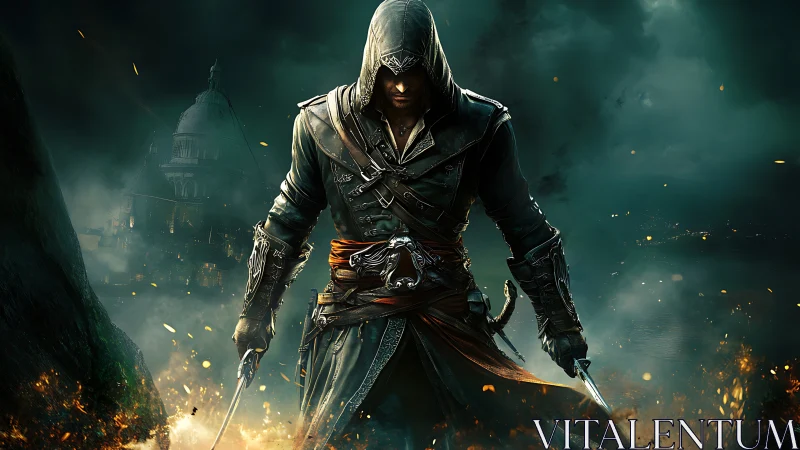 Hooded rogue assassin strides through embers in stormy cityscape.