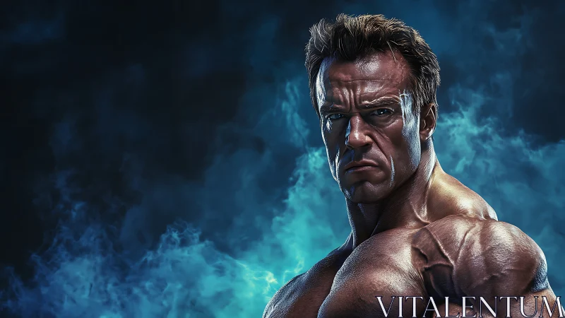 Steel-eyed titan emerges from stormlit electric mist.