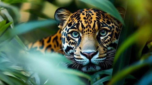 Gentle jungle stare from a hidden, wide eyed jaguar friend.
